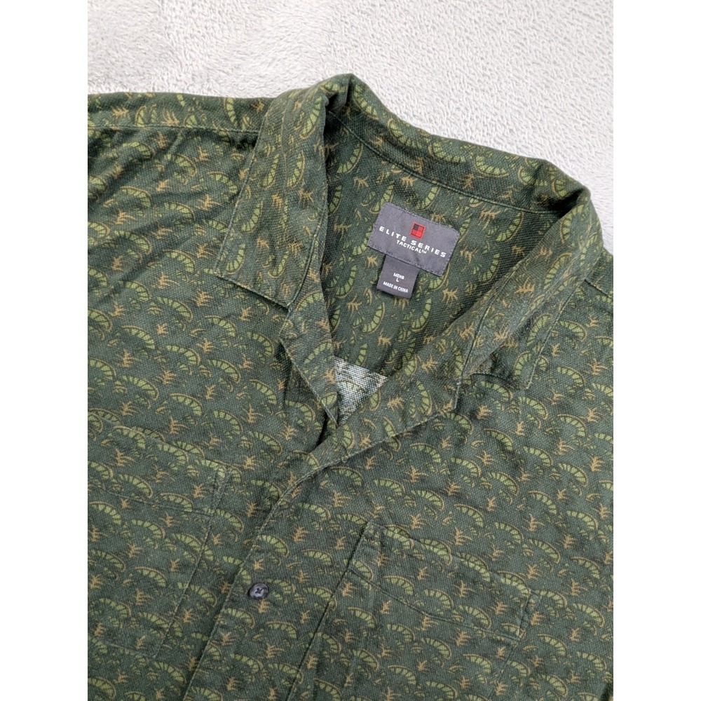Elite Series Tactical Mens Large Dark Green Print 4-Pocket Cotton Camp Shirt